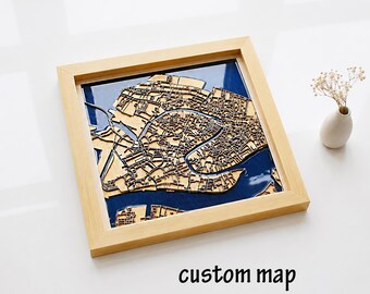 Venice Wood City Map: Custom Epoxy Resin 3D Wall Art