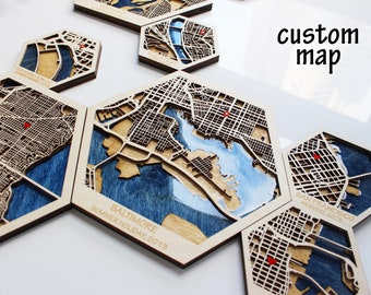 Wood City Map Travel Magnets, Custom City Map Combines, Personalized Map, Epoxy Resin, Wood Map Home Decor, 5th Anniversary, Where We Met