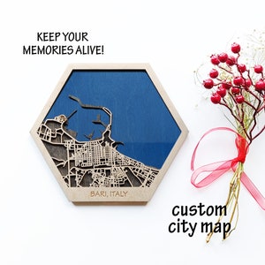 Magneti da viaggio con mappa della città in legno di Bari, Combinazioni di mappe della città personalizzate, Mappa personalizzata, Resina epossidica, 5° anniversario, Dove ci siamo incontrati