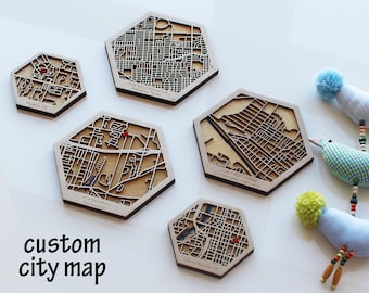 Anniversary Gift for Couples, Personalized Wooden Hexagon City Map Wall Art