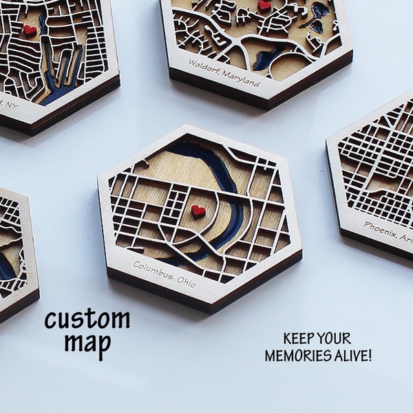 Columbus, Ohio Hexagon Wooden City Map | Custom Map Magnet, Wood and Epoxy Resin Art
