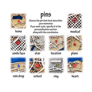 Peut inclure: Un ensemble de neuf punaises de carte en bois avec diff&eacute;rents motifs, dont une maison, un visage souriant, une &eacute;toile, une punaise de localisation, un avion, une goutte de pluie, une &eacute;cole, une bague et un c&oelig;ur. Les punaises sont &eacute;tiquet&eacute;es avec leurs noms correspondants. Le texte "Choisissez la punaise qui d&eacute;crit le mieux vos souvenirs. Si vous souhaitez une punaise, sp&eacute;cifiez-la dans la section personnalisation avec les coordonn&eacute;es." est &eacute;crit au-dessus des punaises.