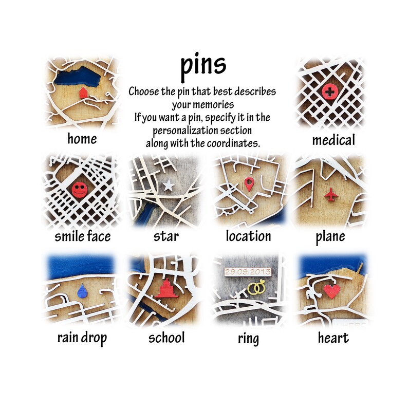 Peut inclure: Un ensemble de neuf punaises de carte en bois avec diff&eacute;rents motifs, dont une maison, un visage souriant, une &eacute;toile, une punaise de localisation, un avion, une goutte de pluie, une &eacute;cole, une bague et un c&oelig;ur. Les punaises sont &eacute;tiquet&eacute;es avec leurs noms correspondants. Le texte "Choisissez la punaise qui d&eacute;crit le mieux vos souvenirs. Si vous souhaitez une punaise, sp&eacute;cifiez-la dans la section personnalisation avec les coordonn&eacute;es." est &eacute;crit au-dessus des punaises.