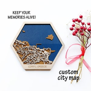 Korfu Holz Stadt Karte, Reisemagnete, Stadtkarte Kombiniert, personalisierte Landkarte, Holz und Epoxidharz Karte, Reisemagnet kombiniert