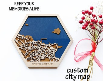 Corfu Wood City Map Travel Magnet: Custom Epoxy Resin Wall Art