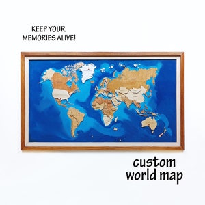 Aangepaste wereldkaart | Wereldkaart hout en epoxy - Uniek en gepersonaliseerd handgemaakt woondecor, jubileumcadeau, verjaardagscadeau, kunst aan de muur