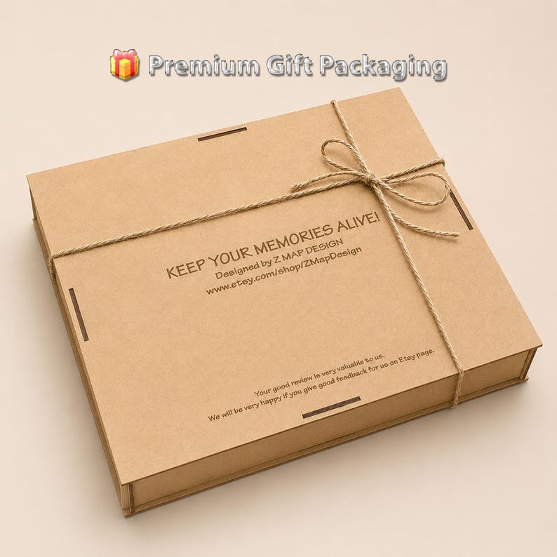 Premium wooden gift packaging box tied with natural cord and engraved with the Z Map Design logo, prepared for presenting and protecting the maps.
