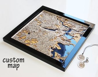 Custom Wooden City Map: Laser Cut Wood & Epoxy Resin Art