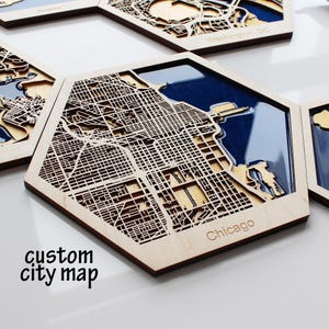 Carte de Chicago 3D découpée au laser - oeuvre d'art murale hexagonale en bois - décoration de maison moderne de Chicago et idée cadeau