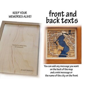Pode incluir: Um mapa de Jacksonville, Fl&oacute;rida, emoldurado em madeira, com um recurso de &aacute;gua azul. A parte de tr&aacute;s do quadro est&aacute; em branco e pode ser personalizada com uma mensagem. O texto "KEEP YOUR MEMORIES ALIVE!" est&aacute; no topo da imagem. O texto "front and back texts" est&aacute; no canto superior direito da imagem. O texto "Thanks for being here, for being you." est&aacute; na parte de tr&aacute;s do quadro. O texto "Z MAP DESIGN" est&aacute; na parte inferior da parte de tr&aacute;s do quadro. O texto "You can add any message you want on the back of the map and a mini message or the name of the city on the front." est&aacute; na parte inferior da imagem.