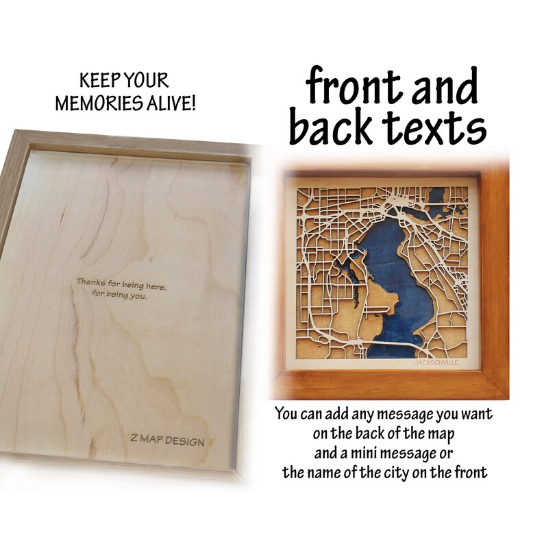 Pode incluir: Um mapa de Jacksonville, Fl&oacute;rida, emoldurado em madeira, com um recurso de &aacute;gua azul. A parte de tr&aacute;s do quadro est&aacute; em branco e pode ser personalizada com uma mensagem. O texto "KEEP YOUR MEMORIES ALIVE!" est&aacute; no topo da imagem. O texto "front and back texts" est&aacute; no canto superior direito da imagem. O texto "Thanks for being here, for being you." est&aacute; na parte de tr&aacute;s do quadro. O texto "Z MAP DESIGN" est&aacute; na parte inferior da parte de tr&aacute;s do quadro. O texto "You can add any message you want on the back of the map and a mini message or the name of the city on the front." est&aacute; na parte inferior da imagem.