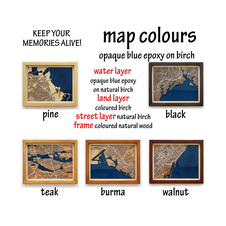 Pode incluir: Seis molduras de madeira diferentes com um mapa dentro. As molduras s&atilde;o etiquetadas com o tipo de madeira: pinho, teca, burma, noz e preto. O mapa &eacute; feito com ep&oacute;xi azul opaco em b&eacute;tula. As camadas do mapa s&atilde;o etiquetadas: camada de &aacute;gua, camada de terra e camada de rua.