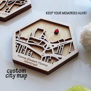 Carte hexagonale en bois et résine époxy de Montréal, CANADA | Carte époxy du Canada, souvenirs de Montréal, art de la carte décoratif, carte en bois gravé