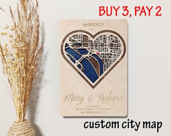 Personalized Heart City Map | Wooden Anniversary Gift Art