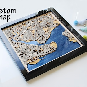 Mapa de la ciudad de madera de Estambul / Arte de madera y resina epoxi, mapa cortado con láser