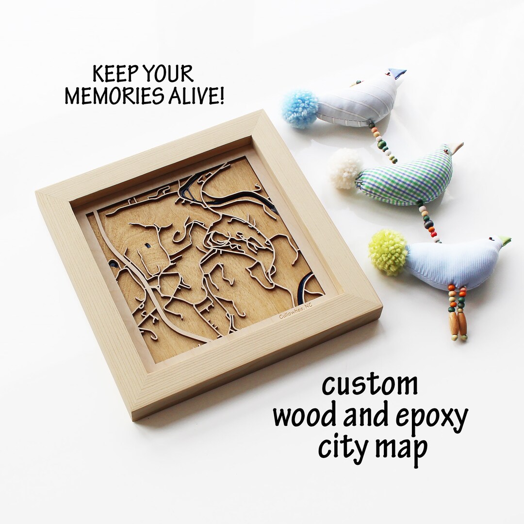 Cullowhee, North Carolina Custom Wood City Map Wood and Epoxy Resin Map