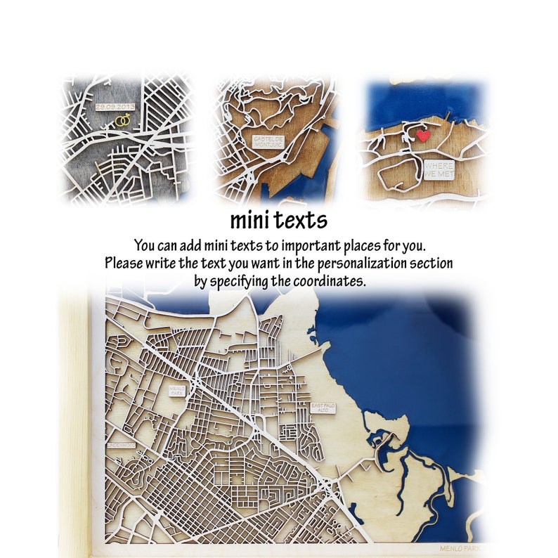 Pode incluir: Um mapa de madeira com uma caracter&iacute;stica de &aacute;gua azul. O mapa &eacute; cortado a laser e tem um efeito 3D. O texto "Where We Met" est&aacute; escrito no mapa. O mapa &eacute; um presente personalizado para um casal.