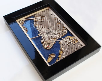 NEW YORK City Map, Wood and Epoxy Map with City Keychain and Necklace | Laser Cut 3d Framed Street Map  | Christmas Birthday 5th Anniversary