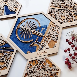 Individuelle 3D-Stadtkarte von Dubai - Laser-geschnittene sechseckige Wandkunst mit Palme – Einzigartiges Reisegeschenk & Wohndekor