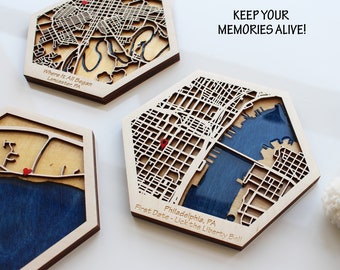 Philadelphia Wooden City Map, Custom Map Combines, Wood and Epoxy Resin Art