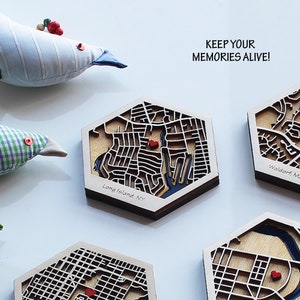 Long Island, NY Sechseck Stadtplan aus Holz | Personalisierter Kartenmagnet, Holz und Epoxidharz-Kunst