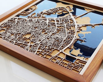 CUSTOM Wooden City Map, Wood and Epoxy Map, Where We Met Map, Wooden Street Map, Going Away Gift, Wood City Map, USA Wood City Map