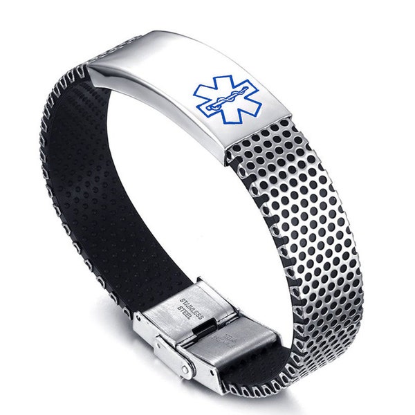 Stainless Steel Diabetic Blue Medical Alert Bracelet. Unisex