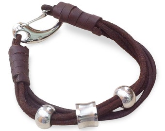 Brown Leather Multi Cord Man's Bracelet with Silver Tone Beads and Ring