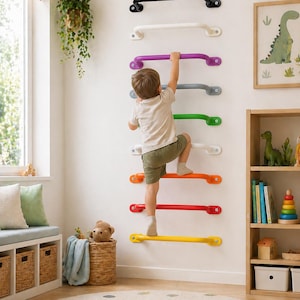 May include: A child climbs a wall-mounted climbing ladder with colourful rungs. The ladder has black, white, purple, grey, green, orange, red, and yellow bars. A framed dinosaur print and a wooden bookshelf are in the background.