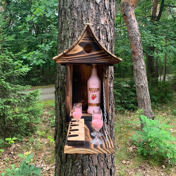 Cabane pour oiseaux avec minibar, Décoration de chariot de bar, Meuble de mini-bar, Verre à liqueur personnalisé, Agitateurs de boissons personnalisés, Carte de boissons, Planche de tequila, Boîte à vin