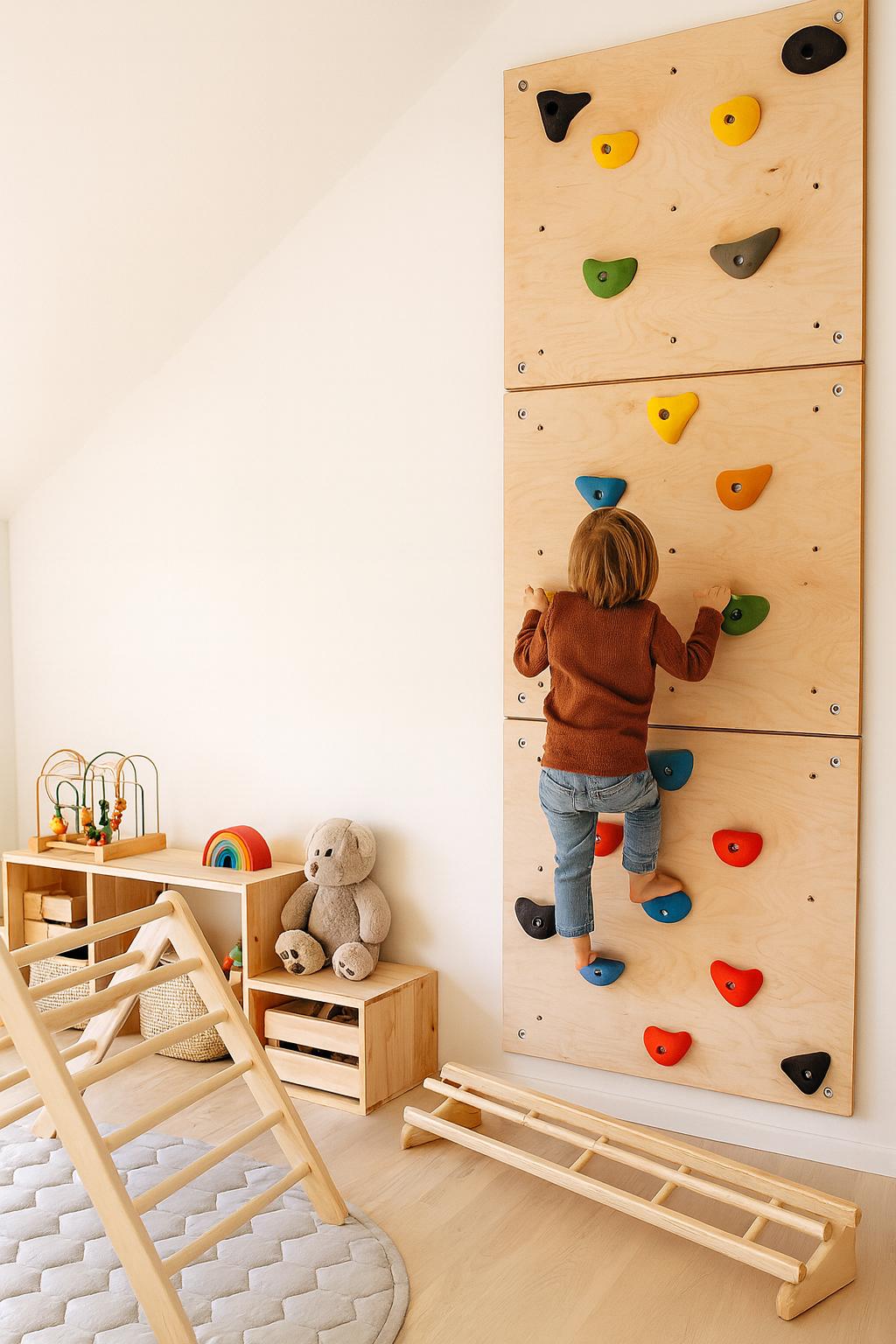 Panneau mural d'escalade en bouleau de la Baltique, salle de sport Montessori pour enfants dans la jungle - France