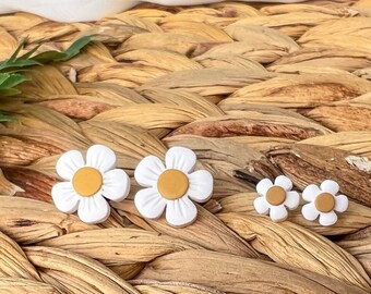 White Daisy Flower Studs | Handmade Clay Earrings | Hypoallergenic Titanium Posts | Spring Floral Stud Earrings | Two Sizes
