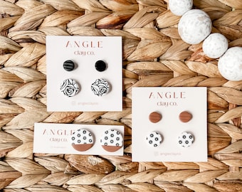 Black and White Stud Packs | Handmade Clay Stud Earrings | Hypoallergenic Titanium Posts | Everyday Stud Earrings | Floral Pattern Earrings