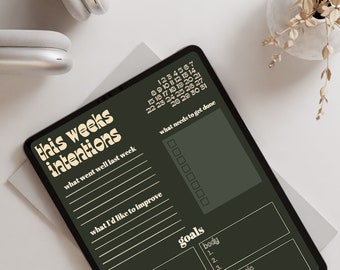 Puede incluir: Un planificador digital en una tableta con un fondo verde oscuro y texto color crema. El planificador se titula "Intenciones de esta semana" e incluye secciones para "Lo que fue bien la semana pasada", "Lo que me gustaría mejorar", "Lo que necesita hacerse" y "Metas". La sección de metas se divide en cuatro categorías: "Mente", "Cuerpo", "Trabajo" y "Académico".