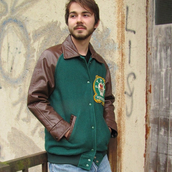 College Jacke PTMHL mit Lederärmel seltenes Vintage Teil aus Kanada Größe S, Vintage secondhand