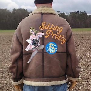 Veste en cuir B3 peinte à la main Veste de vol personnalisée XXL Veste de bombardier unique avec nez art pin up peint sur le devant et le dos