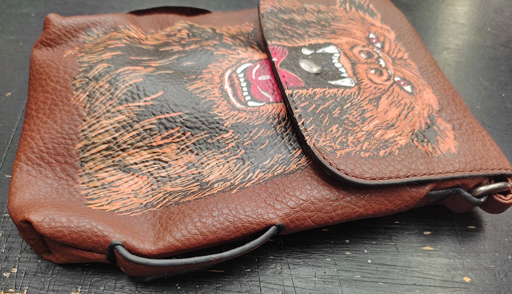 Unique Hand-painted Leather Handbag With Great Grizzly Artwork, a