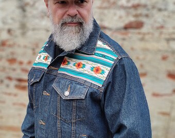 Denim Jacket in Navajo Style, Hand-sewn, Unique Piece in