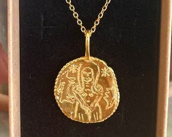ASHERAH gold plated round pendant, handmade innana astarte goddess pendant, Akkadian occult Sumerian mythology necklace ancient style