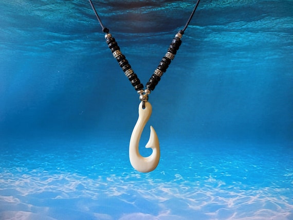 Hand Carved Bone Fish Hook Necklace: Maori Hei-Matau Pendant