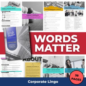 Pode incluir: Um guia encadernado em espiral intitulado Words Matter: Corporate Lingo, com uma imagem em preto e branco de um arranha-céu na capa. O documento inclui seções sobre finanças, métricas de negócios, liderança e jargão corporativo em 38 páginas.