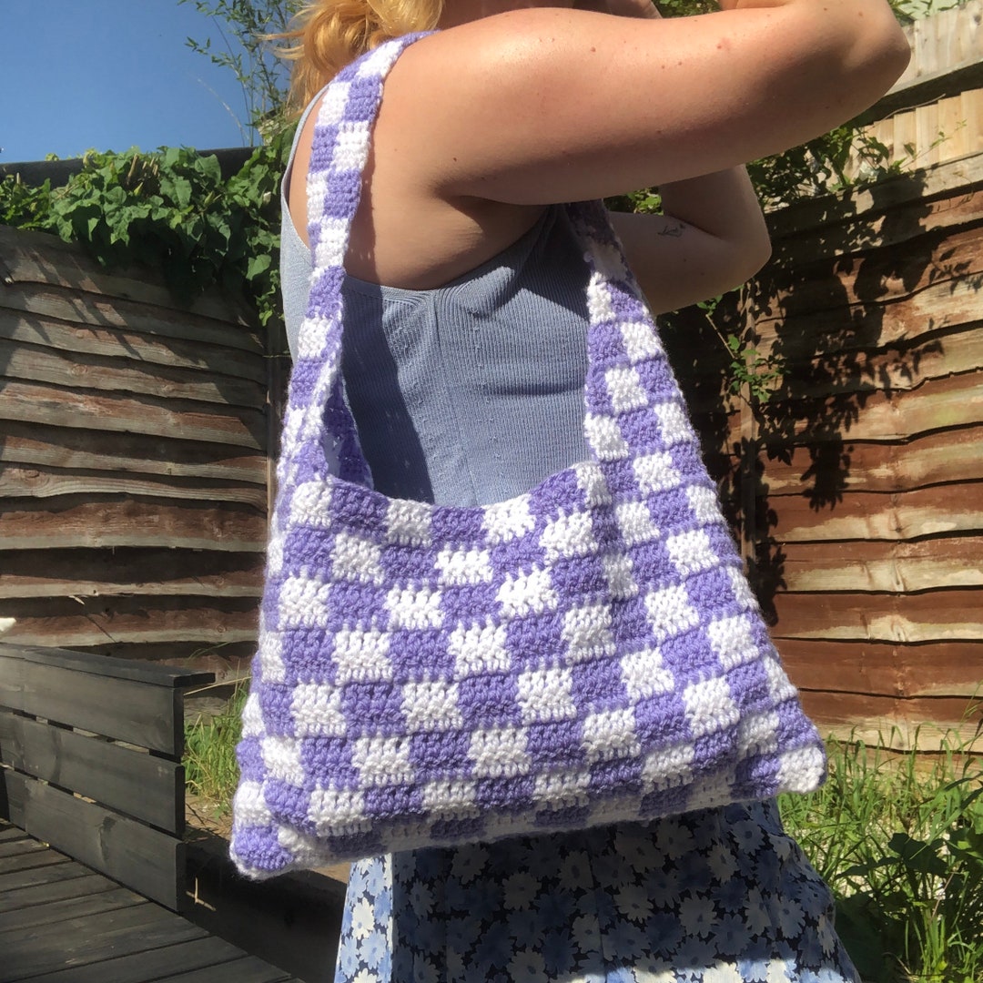 Crochet Checkerboard Handbag Y2K 90s Shoulder Bag Purse 
