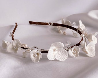 Flower Tiara, Wedding Headband, Wedding hair vine, Headpiece with Satin Ribbon, Flower Petals Headband