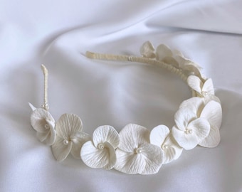 Headpiece with Satin Ribbon, Floral Vintage Pearl Headband Vine Bridal, Flower Petals Headband, Dainty Gift For Her, Bridesmaid Gift,