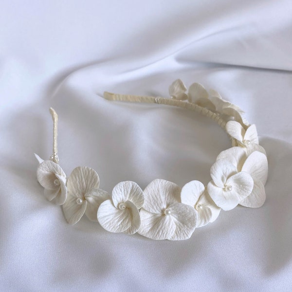 Headpiece with Satin Ribbon, Floral Vintage Pearl Headband Vine Bridal, Flower Petals Headband, Dainty Gift For Her, Bridesmaid Gift,