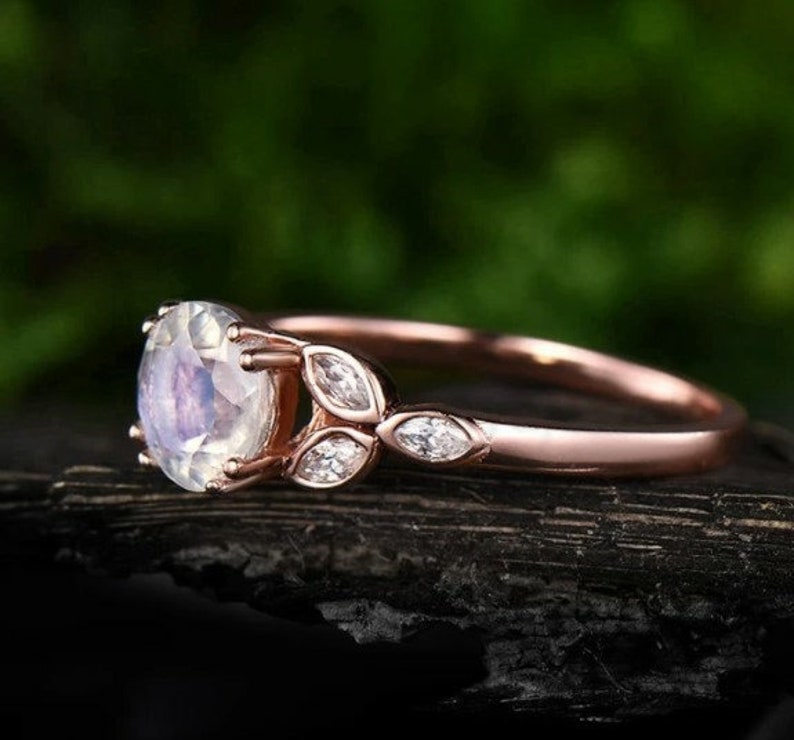 Vintage Moonstone engagement ring round cut rose gold diamond unique wedding milgrainDelicate Minimalist anniversary,tahnksgiving gift