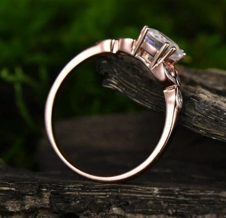 Vintage Moonstone engagement ring round cut rose gold diamond unique wedding milgrainDelicate Minimalist anniversary,tahnksgiving gift