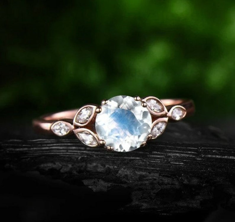 Vintage Moonstone engagement ring round cut rose gold diamond unique wedding milgrainDelicate Minimalist anniversary,tahnksgiving gift