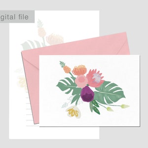 Tropical Flower Bouquet Digital Printable Card,Papel carta, Póster, Tarjetas de boda de aniversario DESCARGA DIGITAL