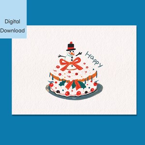 Cartão de bolo de dezembro, cartão de felicitações para impressão, download digital, cartão dobrável 5x7 e 4x6, cartão de feliz aniversário
